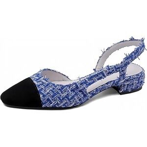 Blue Tweed Pointed Toe Slingback Flats with Black Cap